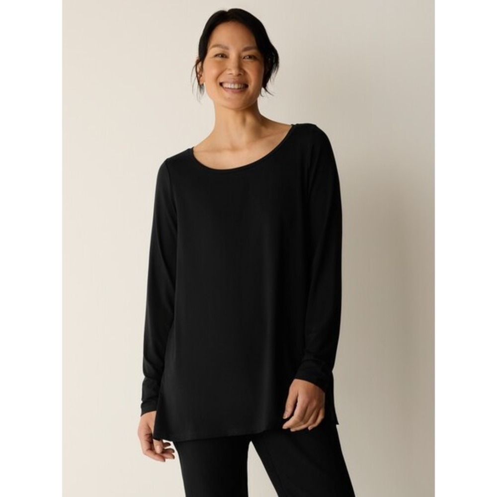 Eileen Fisher Fine Jersey Ballet Neck Long Top Tunic Side Slit Black Extra Large